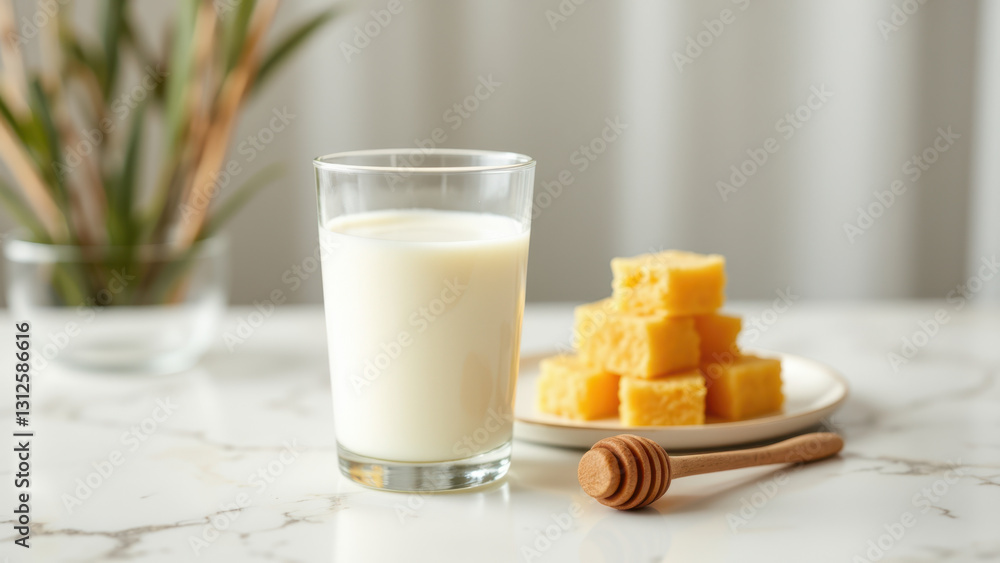Delicious snack with a glass of milk and honey cake byproducts on a marble counter. Delicious snack with a glass of milk and honey cake byproducts on a marble counter.