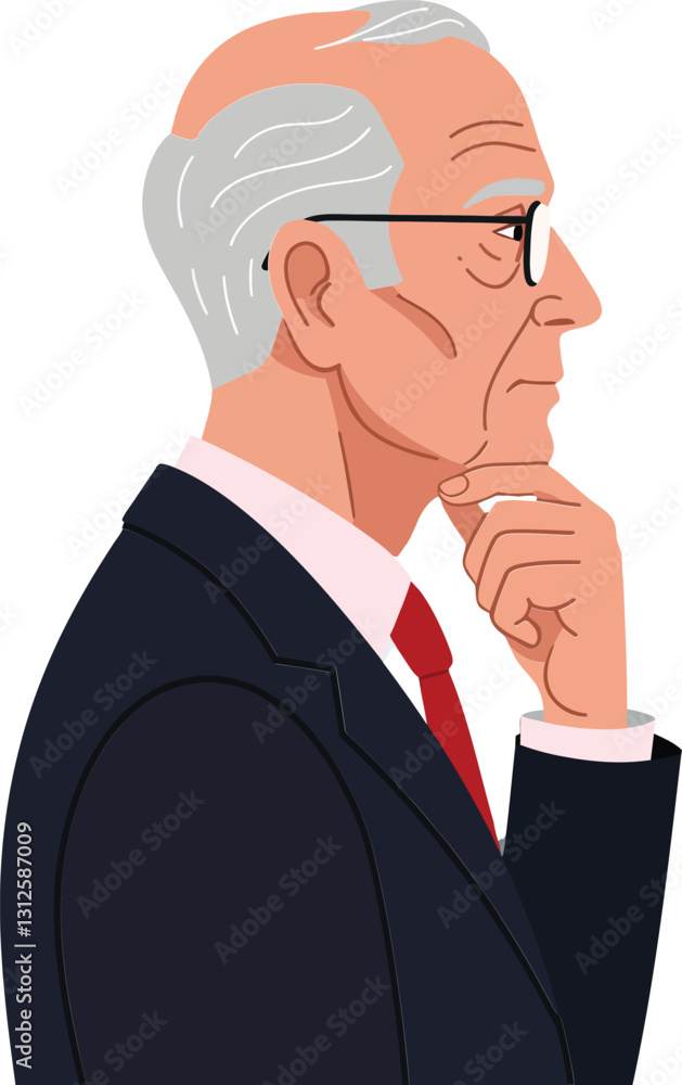 Thoughtful elderly man in a black suit with glasses and gray hair in a flat vector illustration Thoughtful elderly man in a black suit with glasses and gray hair in a flat vector illustration