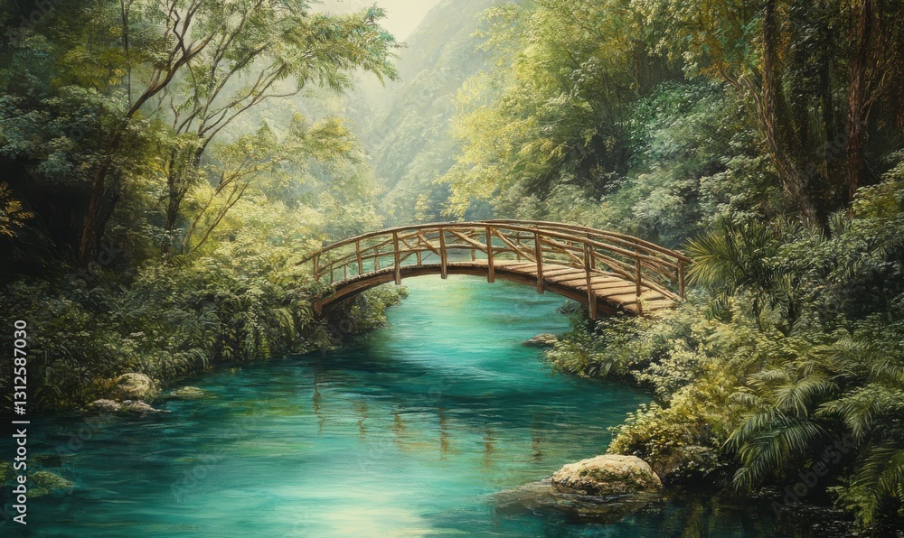 Bridge Over Turquoise Water in Lush Green Landscape Bridge Over Turquoise Water in Lush Green Landscape