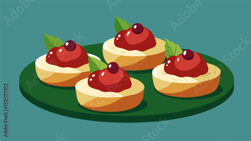 Sweet and savory baked brie bites topped with cranberry chutney for a festive touch.. Vector illustration