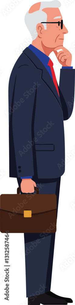 Thoughtful businessman in formal attire with a briefcase, standing pensively against a plain background in minimal vector art Thoughtful businessman in formal attire with a briefcase, standing pensively against a plain background in minimal vector art