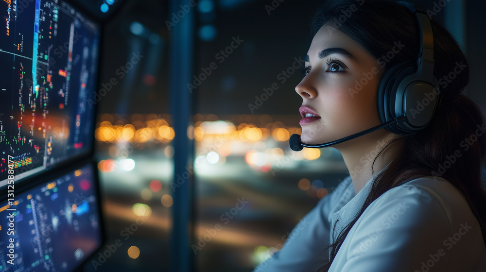 Naklejka premium Female Air Traffic Controller in a Control Tower 