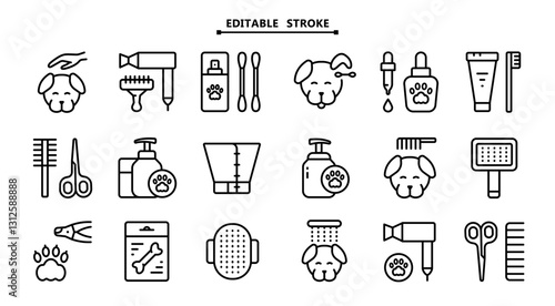 Pet grooming salon icons set. Editable stroke. Taking care of cats and dogs. Veterinarian services. Simple line vector icons for ui and ux, website or mobile application