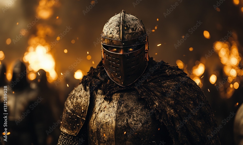 Naklejka premium Battle-worn knight stares amidst fiery chaos