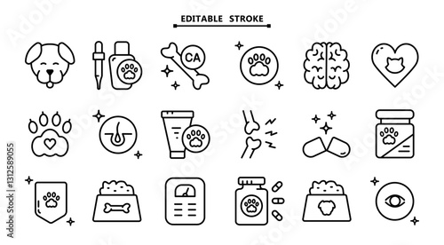 Pets vitamins icons set. Editable stroke. Different types of dogs medicine, vitamins and supplements. Simple flat vector icons for ui and ux, website or mobile application.
