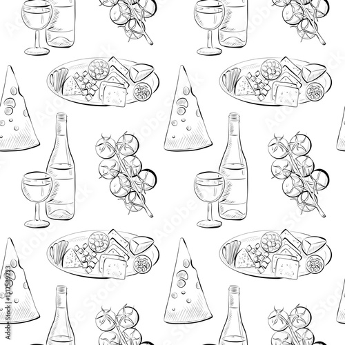 vector seamless pattern line art elements - food, bottle and glass, cheese, tomatoes, snacks