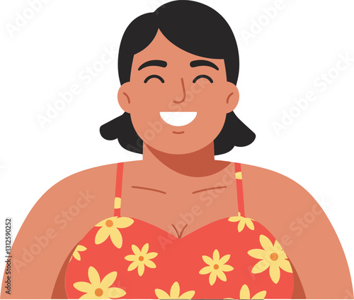 Cheerful woman in a bright floral swimsuit smiling warmly in a flat, minimal design vector illustration