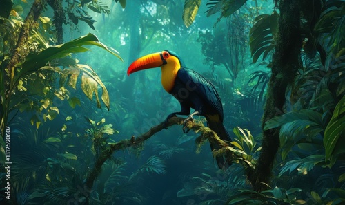 A Vibrant Toucan Perched on a Branch in a Lush Rainforest