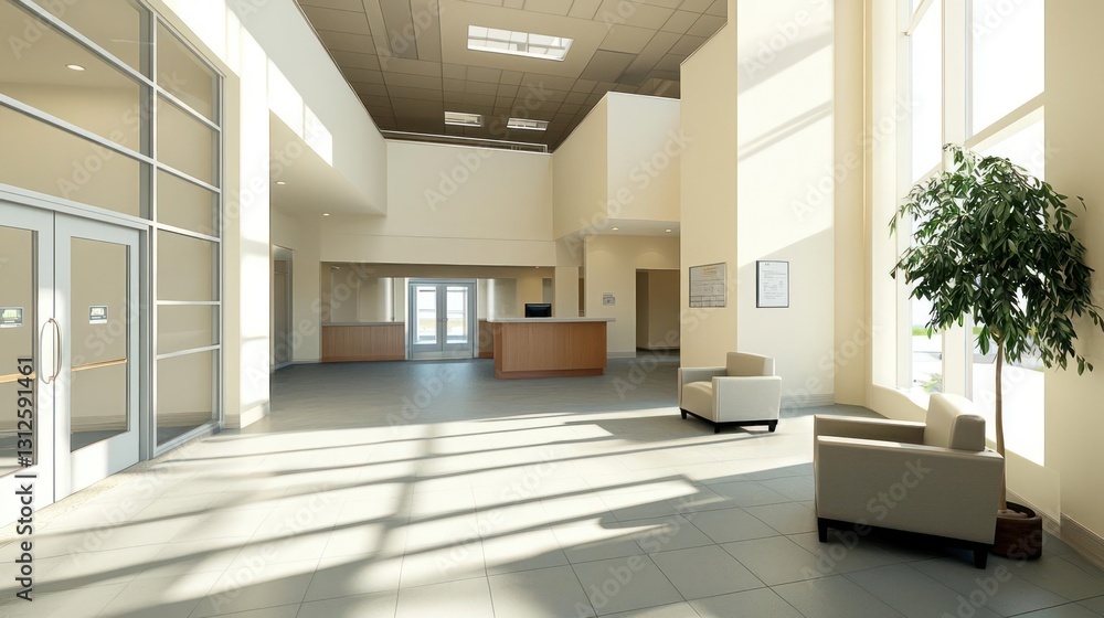 Fototapeta premium Bright Modern Building Lobby Interior with Sunlight and Seating