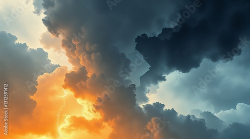 Dramatic stormy clouds with orange and blue hues during sunset with copy space