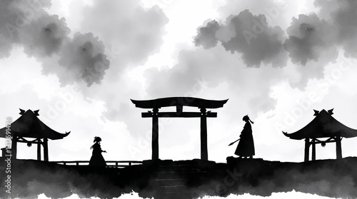 Silhouetted Asian architecture with figures in traditional attire against dramatic gray background with copy space