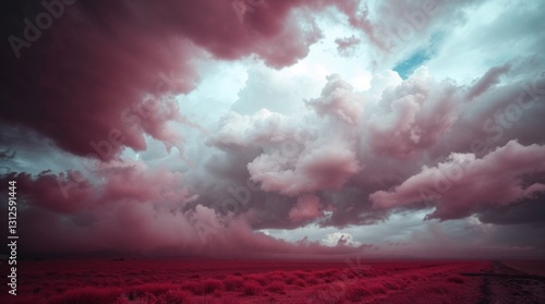 Dramatic abstract sky with pink and blue clouds in a surreal landscape with copy space