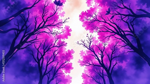 Vibrant purple trees in a mystical forest with a bright light illuminating the background and copy space