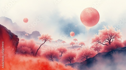 Surreal landscape with pink trees and red moons in dreamy watercolor style background with copy space