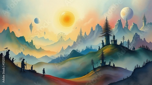Whimsical landscape with hills, trees, and planets under a colorful sunset in watercolor style with copy space