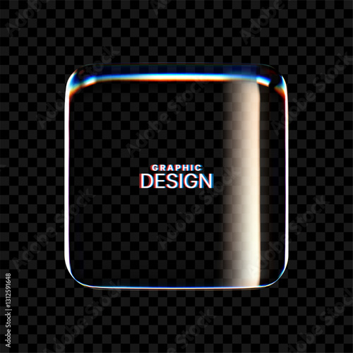 3D transparent glass icon on a dark background. with refraction and holographic effect. vector illustration. square shape. 3D render. a logo frame. gradient glass effect. 