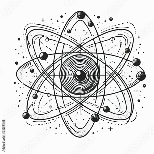Atomic model illustration with electrons orbiting in a detailed vintage sketch style