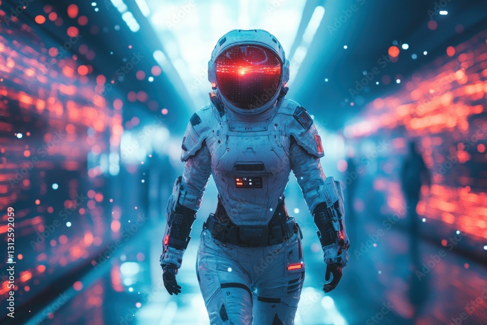 Futuristic astronaut walks neon-lit corridor. Futuristic astronaut walks neon-lit corridor.