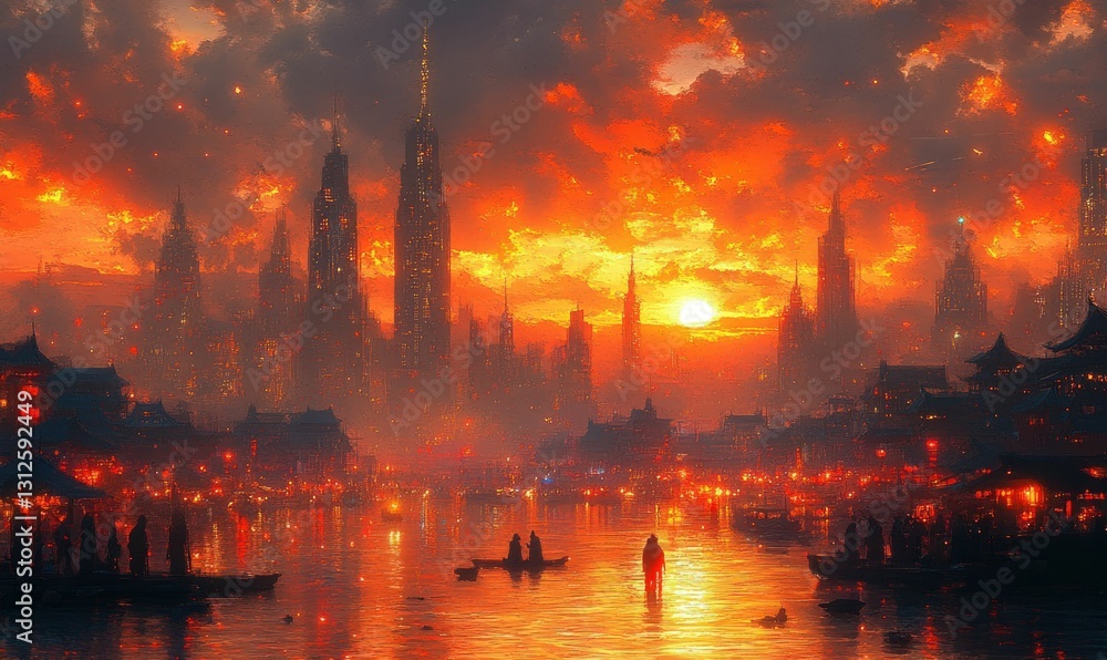 Naklejka premium Fiery sunset over futuristic city canal