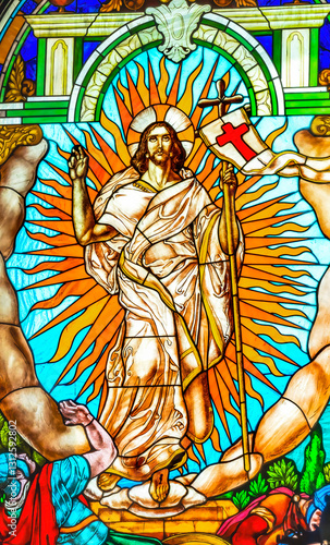 Colorful Jesus Resurrection Stained Glass St Joseph Cathedral Tianjin China
