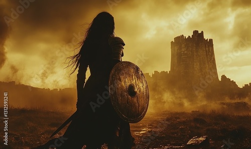 Warrior woman shield castle sunset silhouette