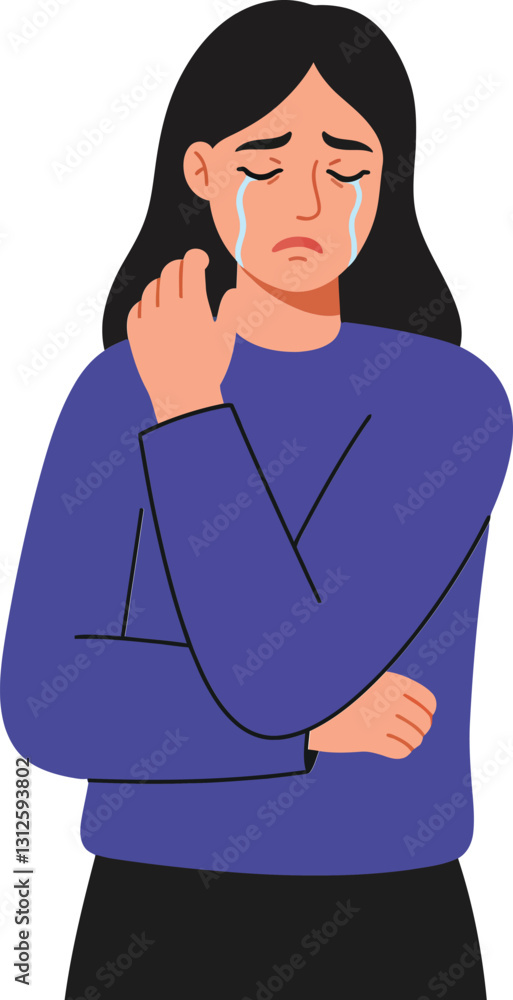 Fototapeta premium Sad woman with tears on her cheeks, wearing a blue sweater, expressing emotional distress in a minimal vector illustration