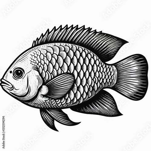 Detailed black and white illustration of a tilapia fish swimming
