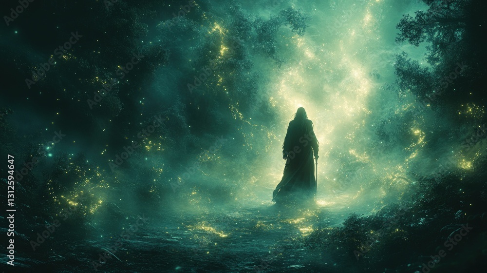 Enchanting forest path, mystical figure, glowing lights. Enchanting forest path, mystical figure, glowing lights.