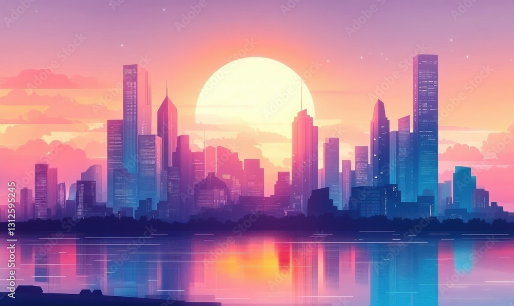 Sunset over a modern cityscape with reflective skyscrapers. Sunset over a modern cityscape with reflective skyscrapers.