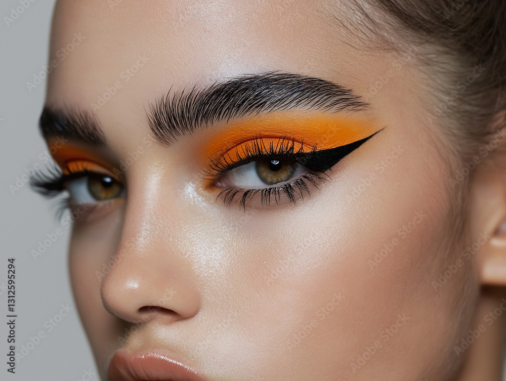 Naklejka premium Bold eye makeup with vibrant orange shadows and dramatic eyeliner highlights natural beauty during a photoshoot