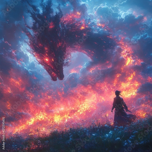 Fiery dragon confronts lone figure field