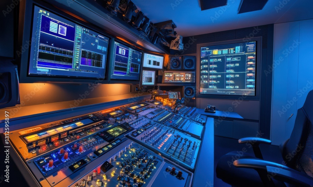 A high-tech control room with illuminated screens and equipment. A high-tech control room with illuminated screens and equipment.