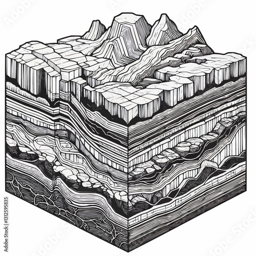 Detailed black and white illustration of geological strata in a cubic block