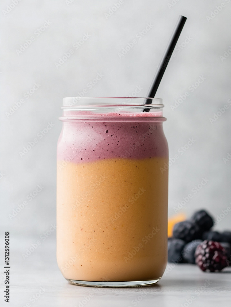 Delicious layered smoothie with vibrant colors and fresh berries served in a glass jar Delicious layered smoothie with vibrant colors and fresh berries served in a glass jar