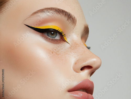 Fashionable makeup look featuring bold yellow and black eyeliner on model's face with perfect skin tones and detailed eye expression