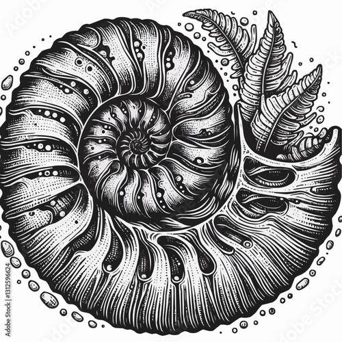 Detailed black and white illustration of a nautilus shell with ferns