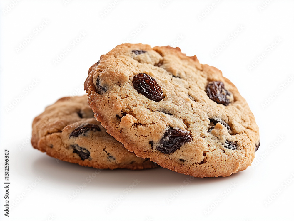 Delicious oatmeal cookies with raisins displayed on a white background perfect for dessert or snack Delicious oatmeal cookies with raisins displayed on a white background perfect for dessert or snack