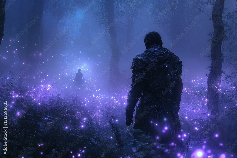 Enigmatic figure walks night forest, purple lights glow. Enigmatic figure walks night forest, purple lights glow.