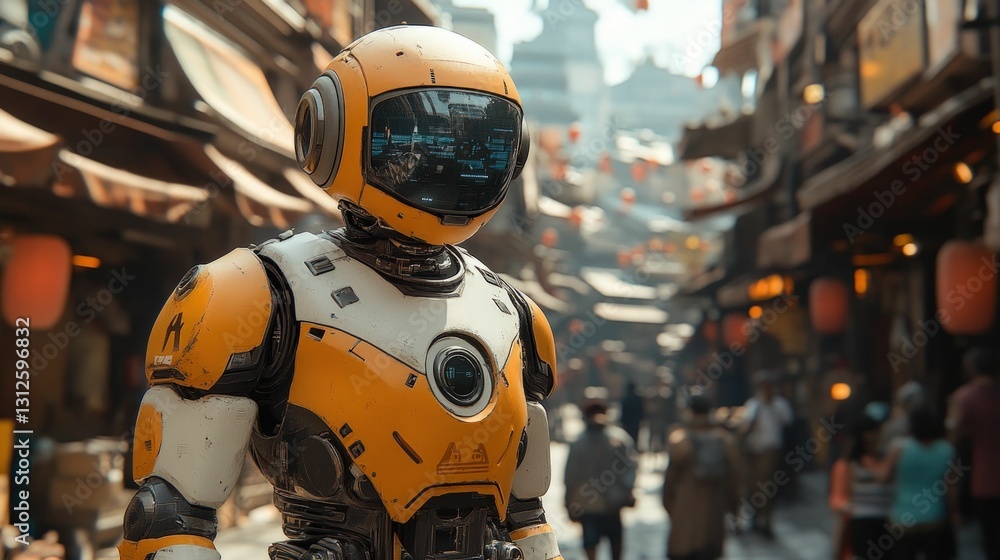 Futuristic robot stands in bustling Asian city Futuristic robot stands in bustling Asian city