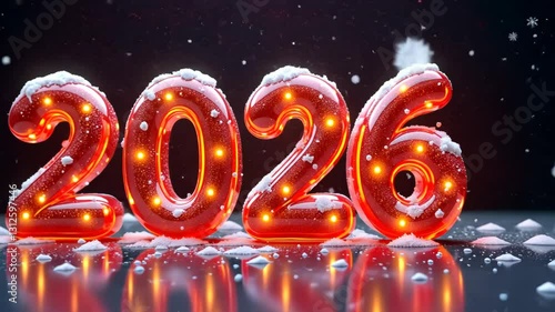 Video of shiny red 2026 numbers with glowing lights and snowflakes on a reflective surface, set against a dark background. Festive New Year concept