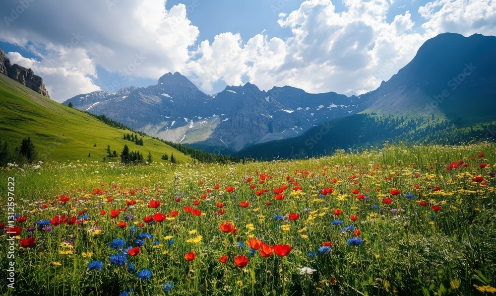 Vibrant Wildflower Field Against Majestic Mountain Range Vibrant Wildflower Field Against Majestic Mountain Range