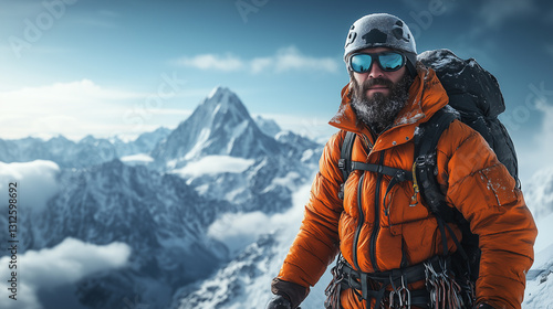Wallpaper Mural Portrait of a mountain climber on top of a mountain in extreme conditions. His bright jacket stands out against the blue sky and snowy peaks. The sun illuminates his face, and his backpack is equipped Torontodigital.ca