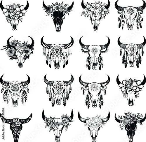 Cow Skull Flowers,horn Skull bundle
