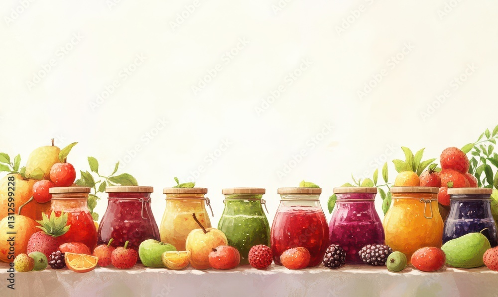 White background with a variety of fruit in jars and on the table. The jars are filled with different colored fruit jams and the fruit is fresh and ripe. Scene is cheerful and White background with a variety of fruit in jars and on the table. The jars are filled with different colored fruit jams and the fruit is fresh and ripe. Scene is cheerful and