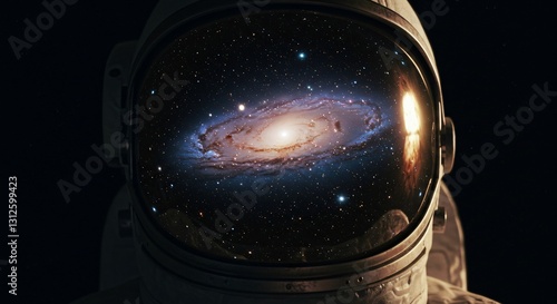 Fototapeta Naklejka Na Ścianę i Meble -  Dreamy outer space galaxy reflection in explorer helmet, futuristic inspiration, sci-fi universe exploration for science education, astronomy promotional project.