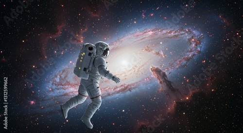 Man floating in zero gravity against galaxy background. Futuristic astronaut exploring cosmic space for science presentation and banner or advertisement.