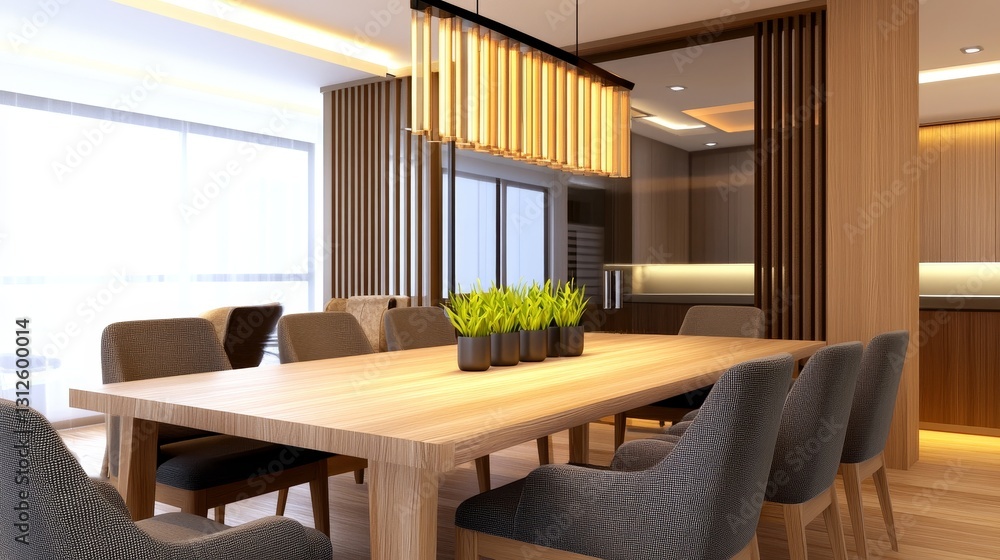 Fototapeta premium Modern dining room with wooden table and stylish chairs, featuring potted plants and bright lighting
