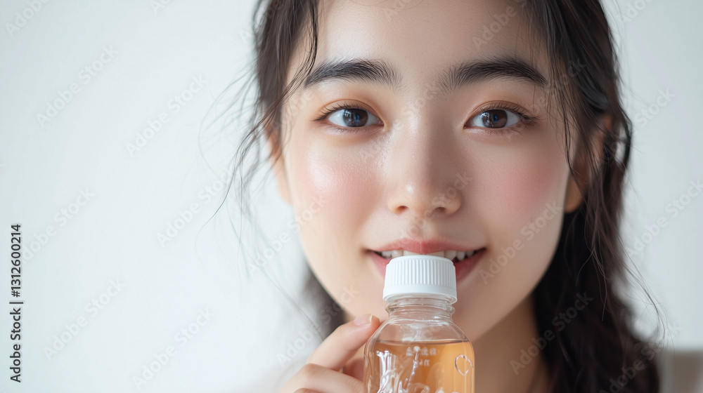 Fresh-faced young Asian woman holding a skincare essence bottle Fresh-faced young Asian woman holding a skincare essence bottle