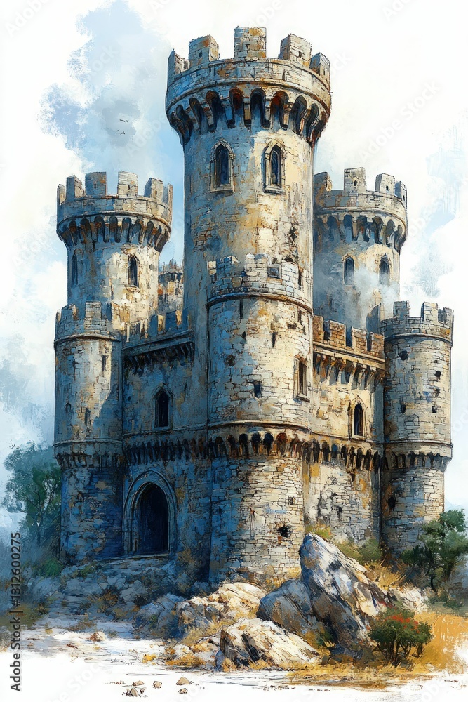 Majestic stone castle, three towers, coastal setting. Majestic stone castle, three towers, coastal setting.