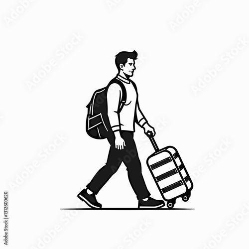 Pedestrian walking with luggage and backpack against plain background